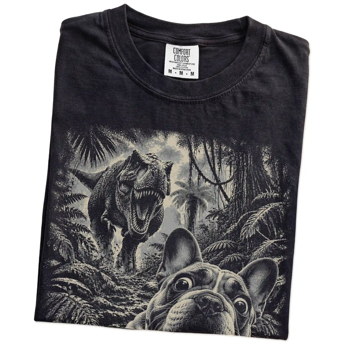 T-Rex Selfie French Bulldog Comfort Colors 1717 T-Shirt in Black, folded detail