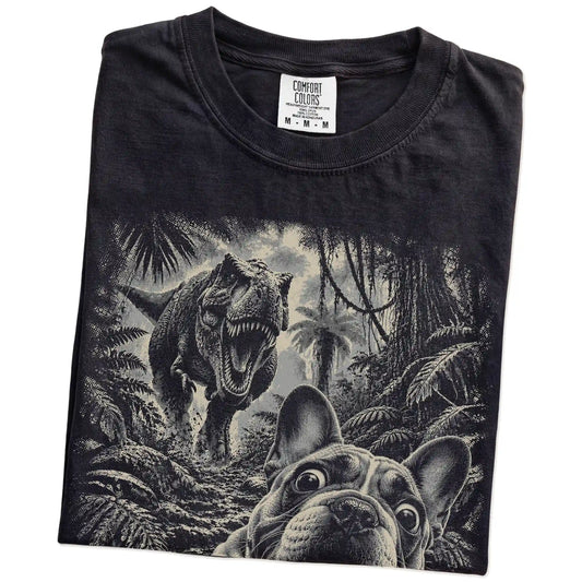 T-Rex Selfie French Bulldog Comfort Colors 1717 T-Shirt in Black, folded detail