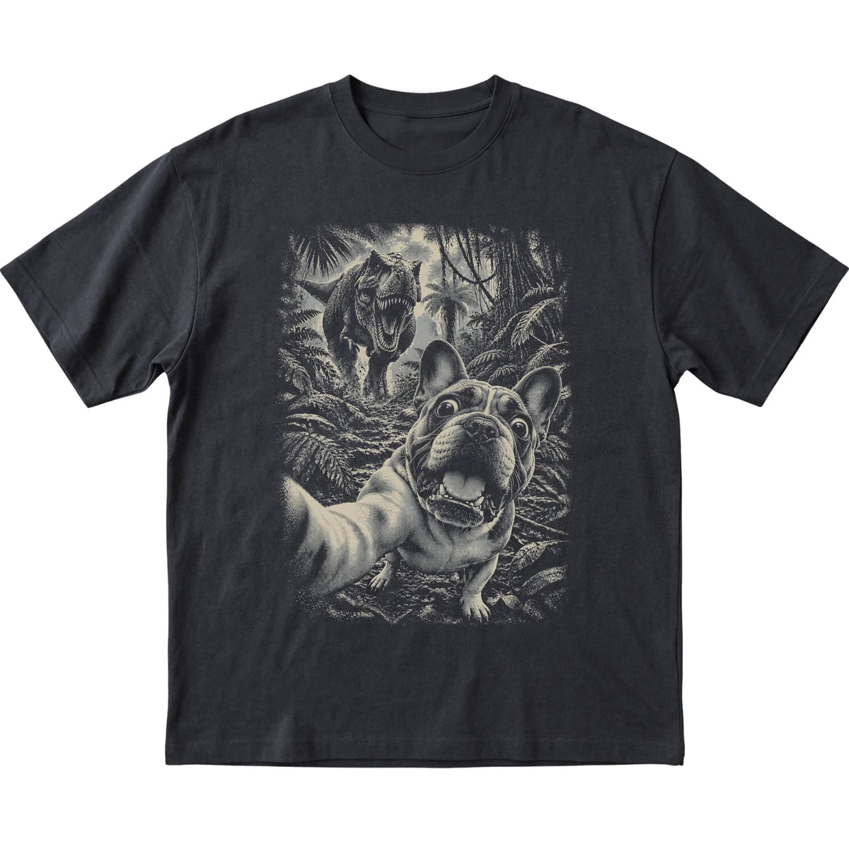 T-Rex Selfie French Bulldog Gildan Softstyle T-Shirt in Black, flat lay