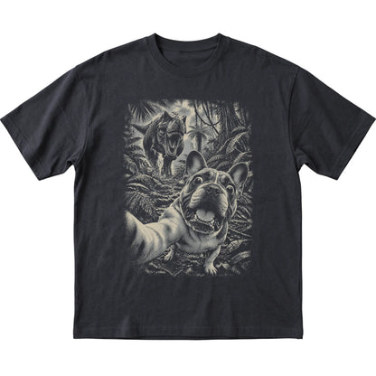 T-Rex Selfie French Bulldog Gildan Softstyle T-Shirt in Black, flat lay