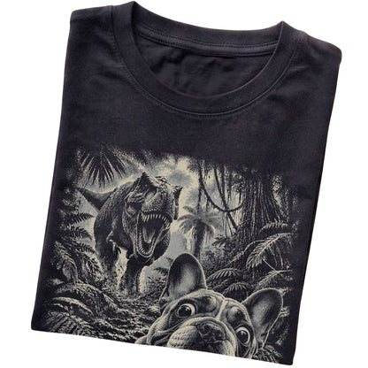 T-Rex Selfie French Bulldog Gildan Softstyle T-Shirt in Black, folded detail