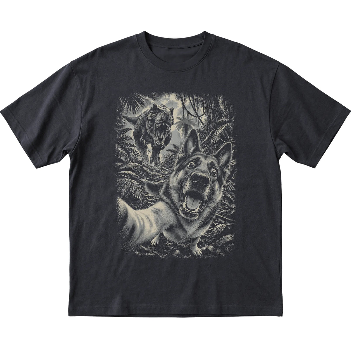 T-Rex Selfie German Shepherd Gildan Softstyle T-Shirt in Black, flat lay