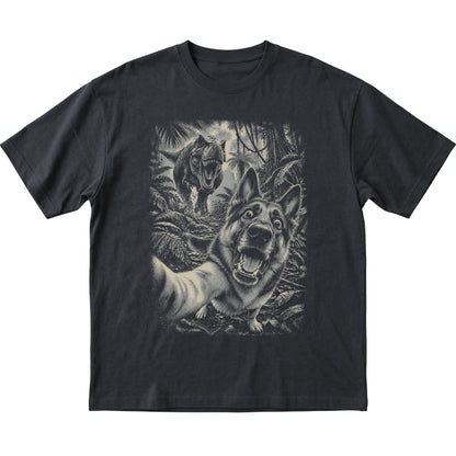 T-Rex Selfie German Shepherd Gildan Softstyle T-Shirt in Black, flat lay