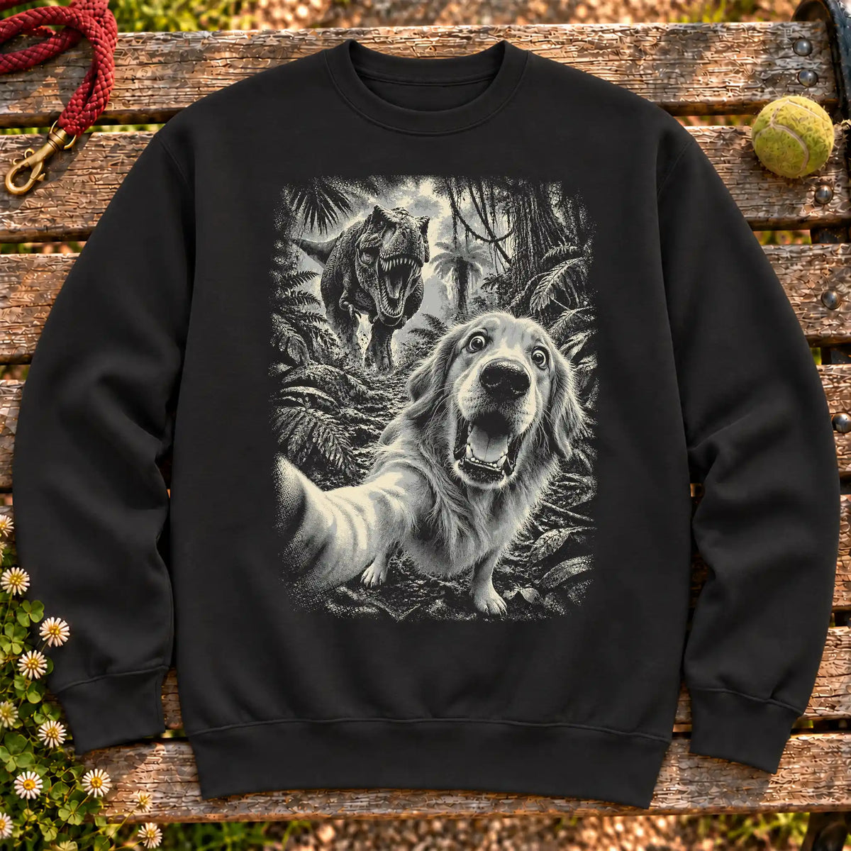 Golden Retriever and T-Rex selfie design on a Black crewneck sweatshirt shown flat