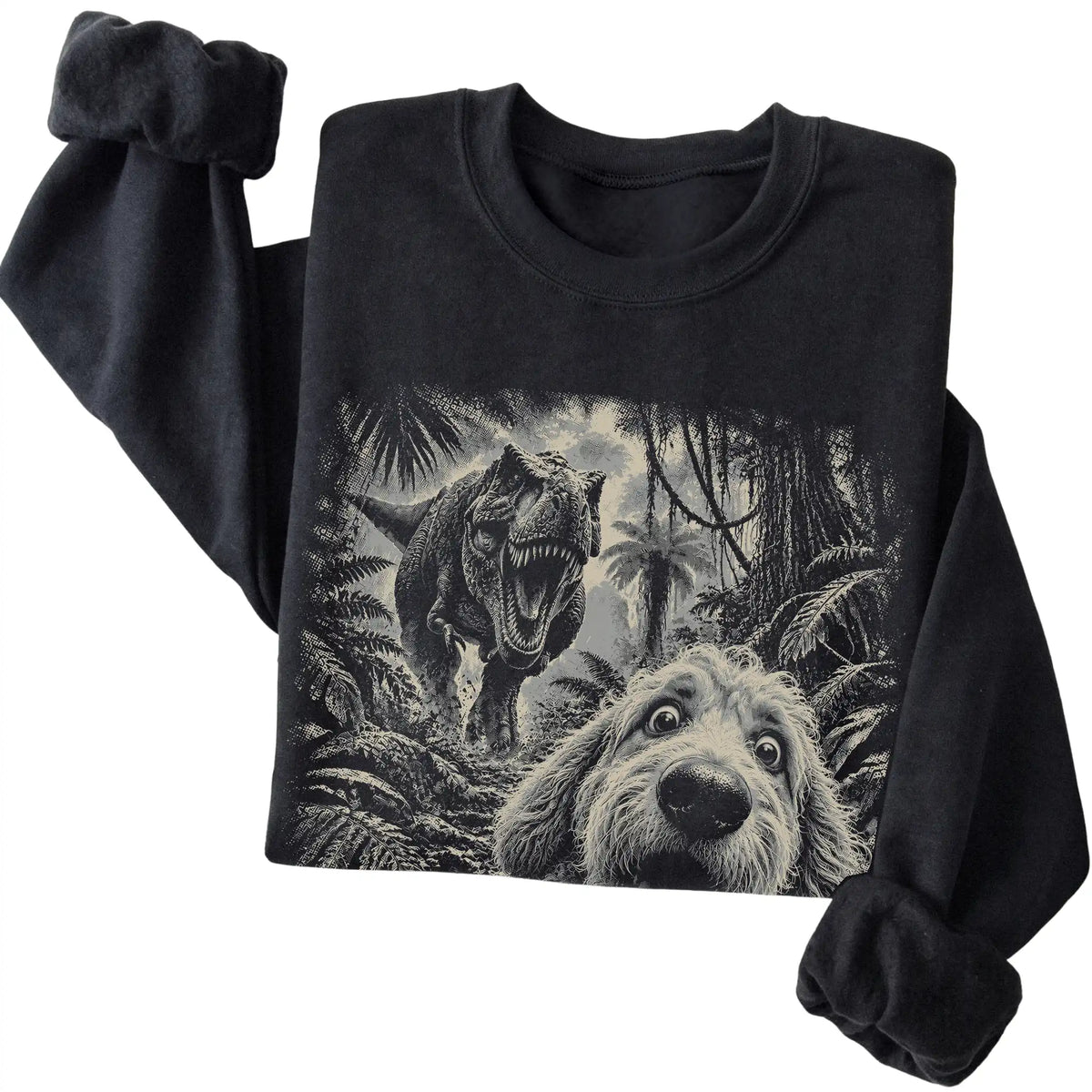 T-Rex Selfie Goldendoodle Gildan Heavy Blend Crewneck Sweatshirt in Black, folded detail