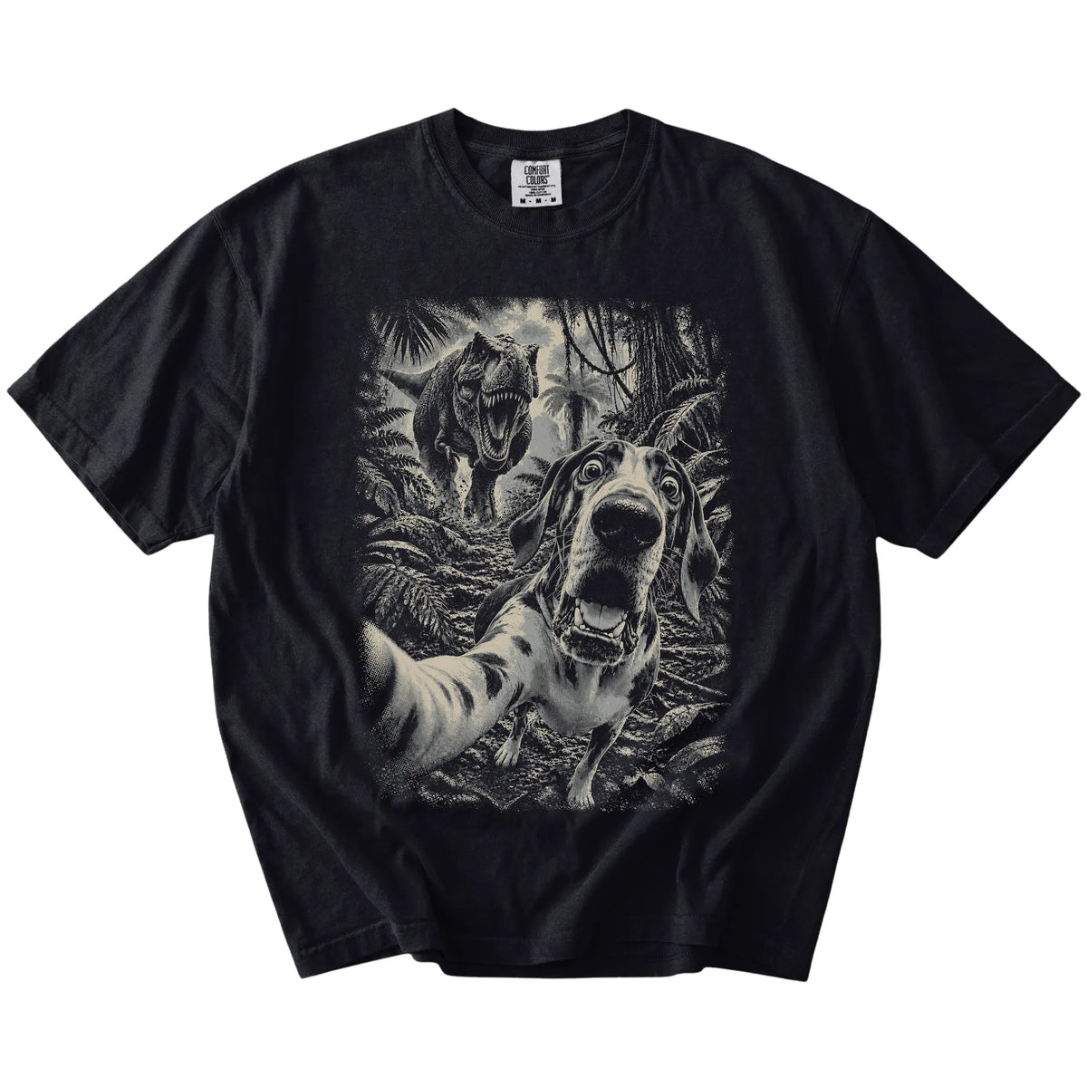 T-Rex Selfie Great Dane Comfort Colors 1717 T-Shirt in Black, flat lay