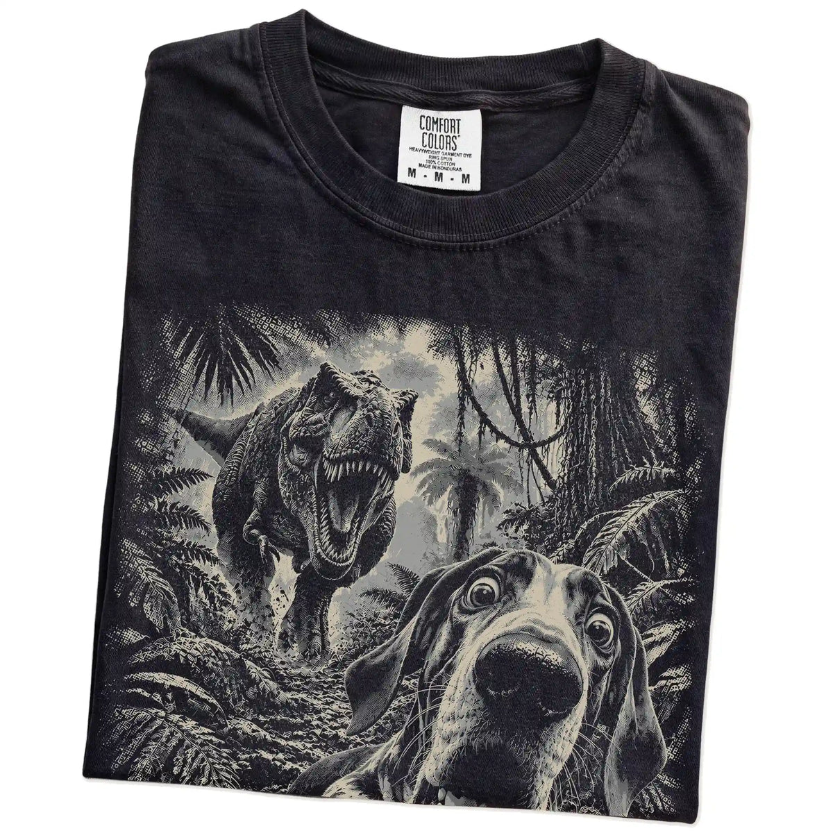 T-Rex Selfie Great Dane Comfort Colors 1717 T-Shirt in Black, folded detail