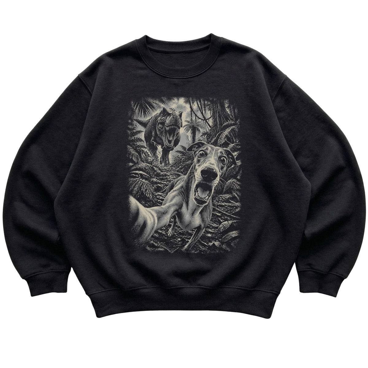 T-Rex Selfie Greyhound Gildan Heavy Blend Crewneck Sweatshirt in Black, flat lay