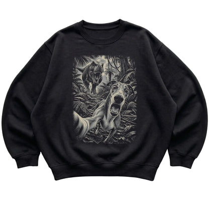 T-Rex Selfie Greyhound Gildan Heavy Blend Crewneck Sweatshirt in Black, flat lay