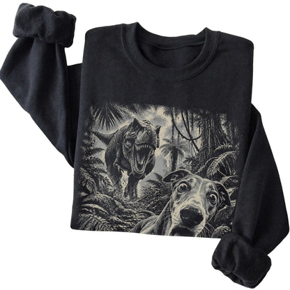 T-Rex Selfie Greyhound Gildan Heavy Blend Crewneck Sweatshirt in Black, folded detail