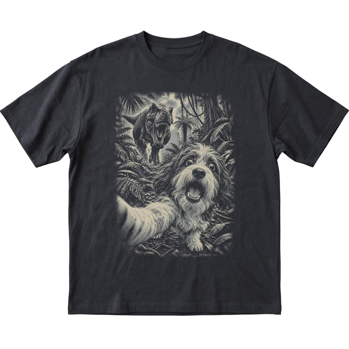 T-Rex Selfie Havanese Gildan Softstyle T-Shirt in Black, flat lay