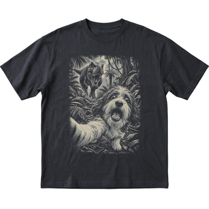 T-Rex Selfie Havanese Gildan Softstyle T-Shirt in Black, flat lay