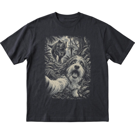 T-Rex Selfie Havanese Gildan Softstyle T-Shirt in Black, flat lay