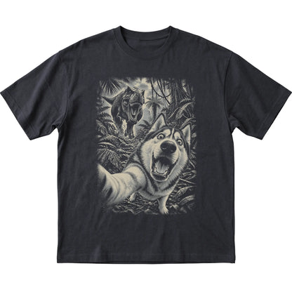 T-Rex Selfie Husky Gildan Softstyle T-Shirt in Black, flat lay