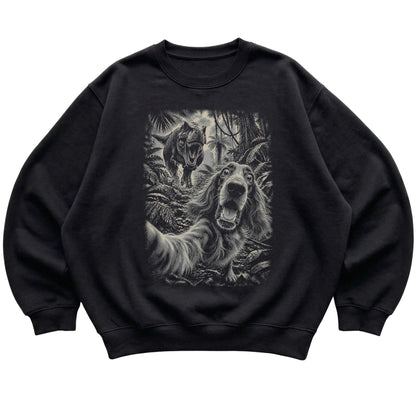 T-Rex Selfie Irish Setter Gildan Heavy Blend Crewneck Sweatshirt in Black, flat lay