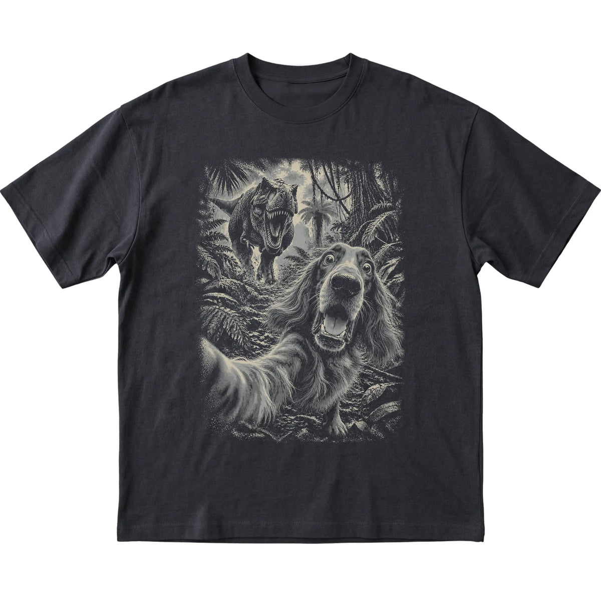 T-Rex Selfie Irish Setter Gildan Softstyle T-Shirt in Black, flat lay