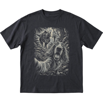 T-Rex Selfie Irish Setter Gildan Softstyle T-Shirt in Black, flat lay