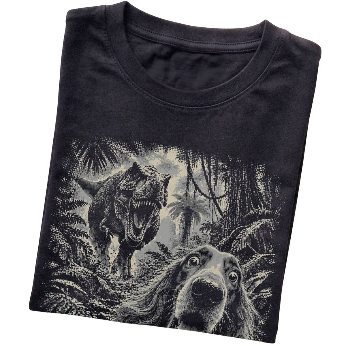 T-Rex Selfie Irish Setter Gildan Softstyle T-Shirt in Black, folded detail