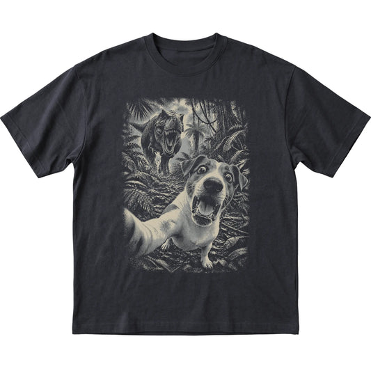T-Rex Selfie Jack Russell Gildan Softstyle T-Shirt in Black, flat lay