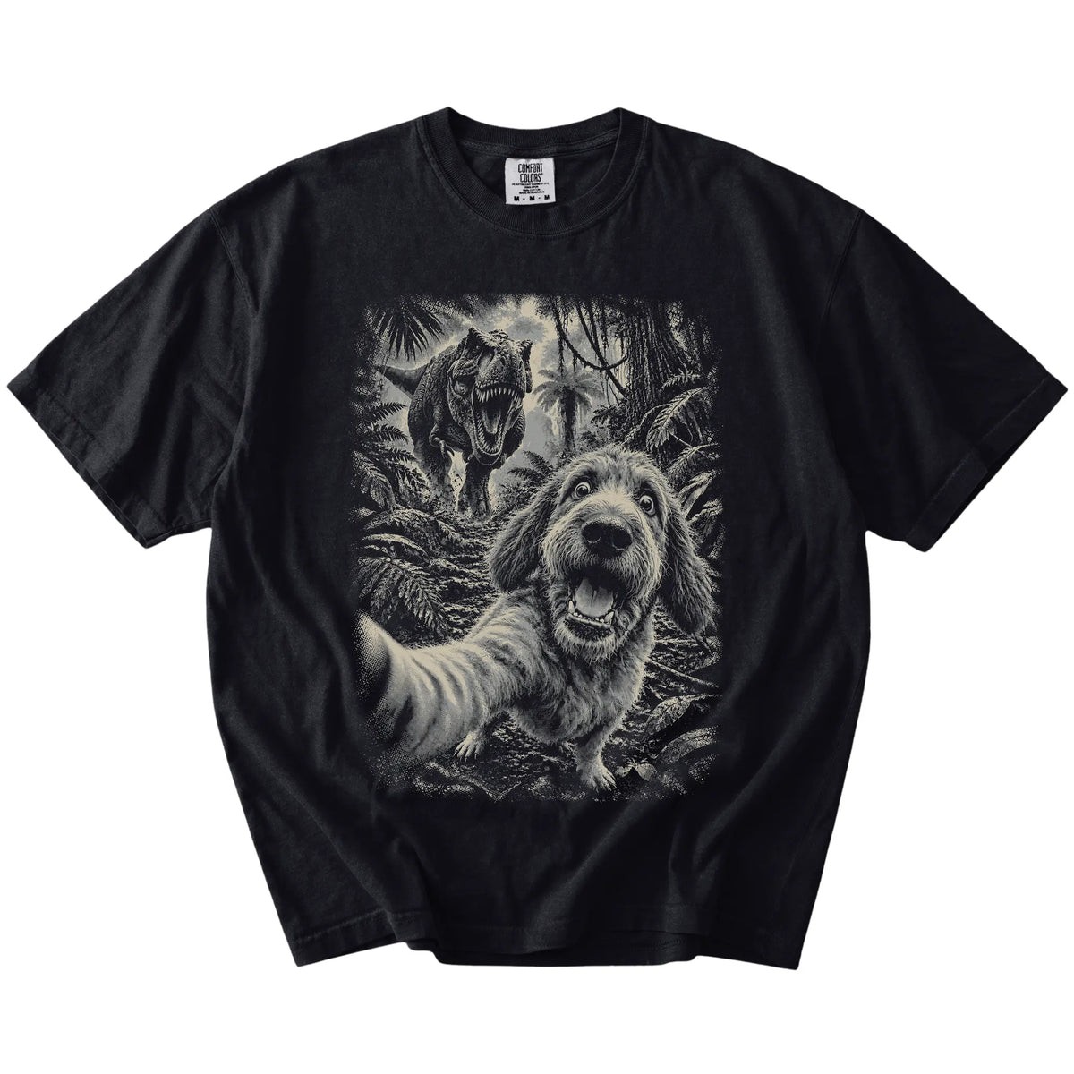 T-Rex Selfie Labradoodle Comfort Colors 1717 T-Shirt in Black, flat lay