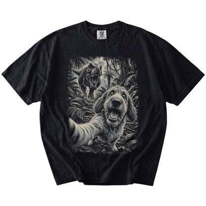 T-Rex Selfie Labradoodle Comfort Colors 1717 T-Shirt in Black, flat lay