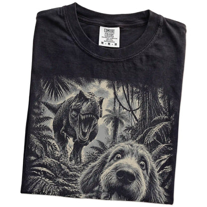 T-Rex Selfie Labradoodle Comfort Colors 1717 T-Shirt in Black, folded detail