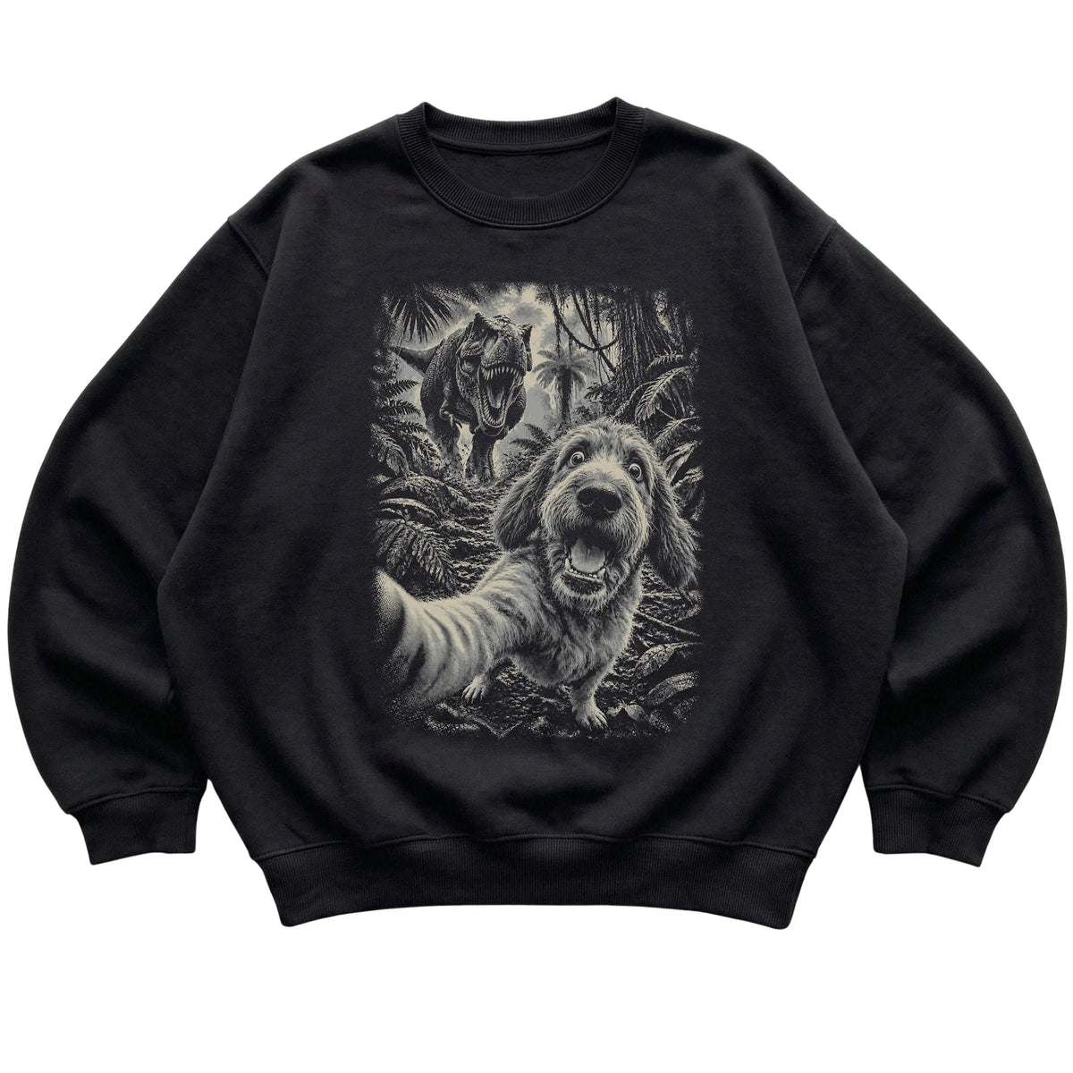 T-Rex Selfie Labradoodle Gildan Heavy Blend Crewneck Sweatshirt in Black, flat lay