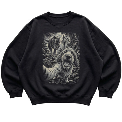 T-Rex Selfie Labradoodle Gildan Heavy Blend Crewneck Sweatshirt in Black, flat lay