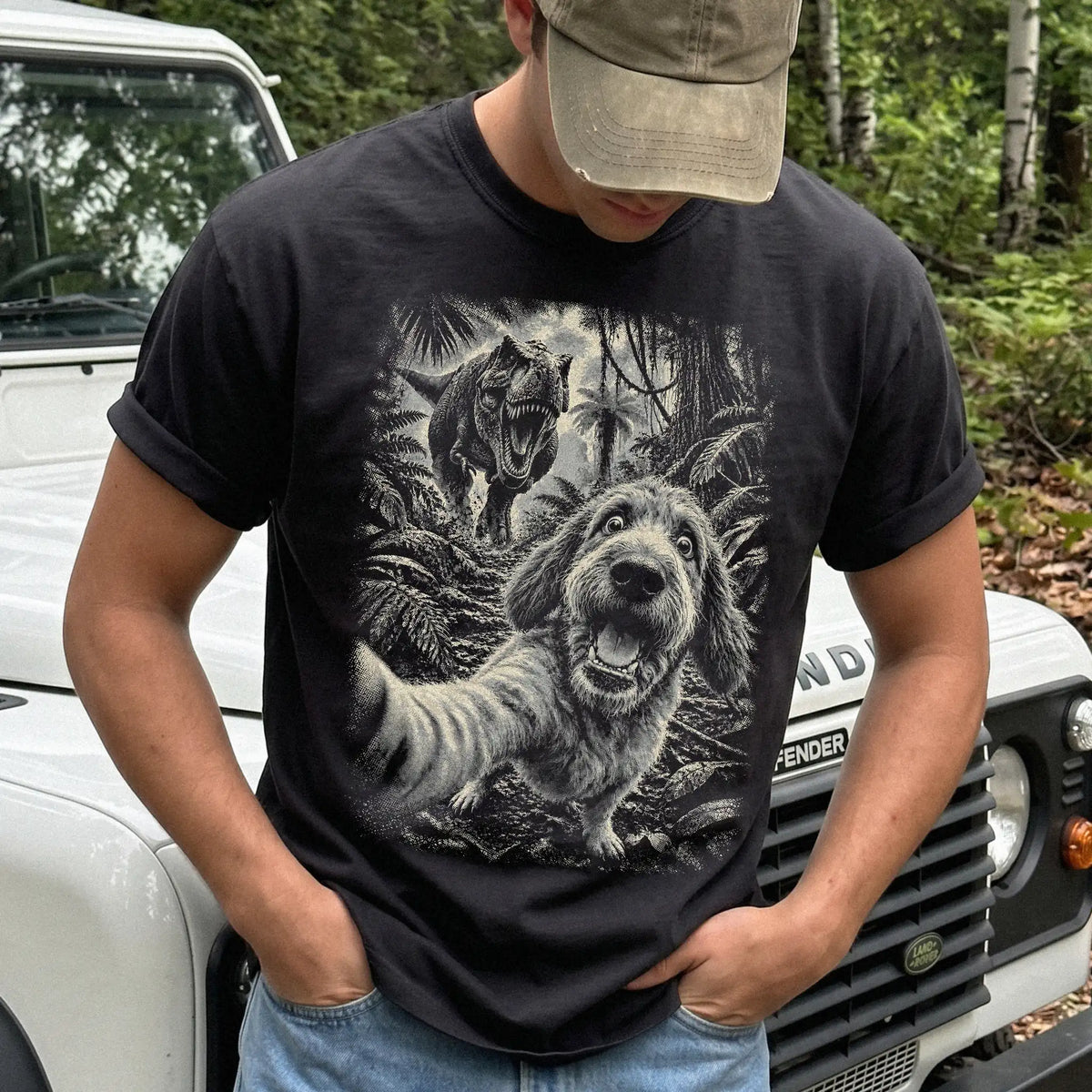 T-Rex Selfie Labradoodle Comfort Colors 1717 T-Shirt in Black, studio lifestyle