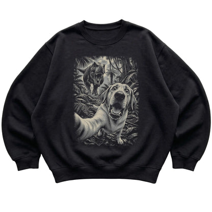T-Rex Selfie Labrador Retriever Gildan Heavy Blend Crewneck Sweatshirt in Black, flat lay