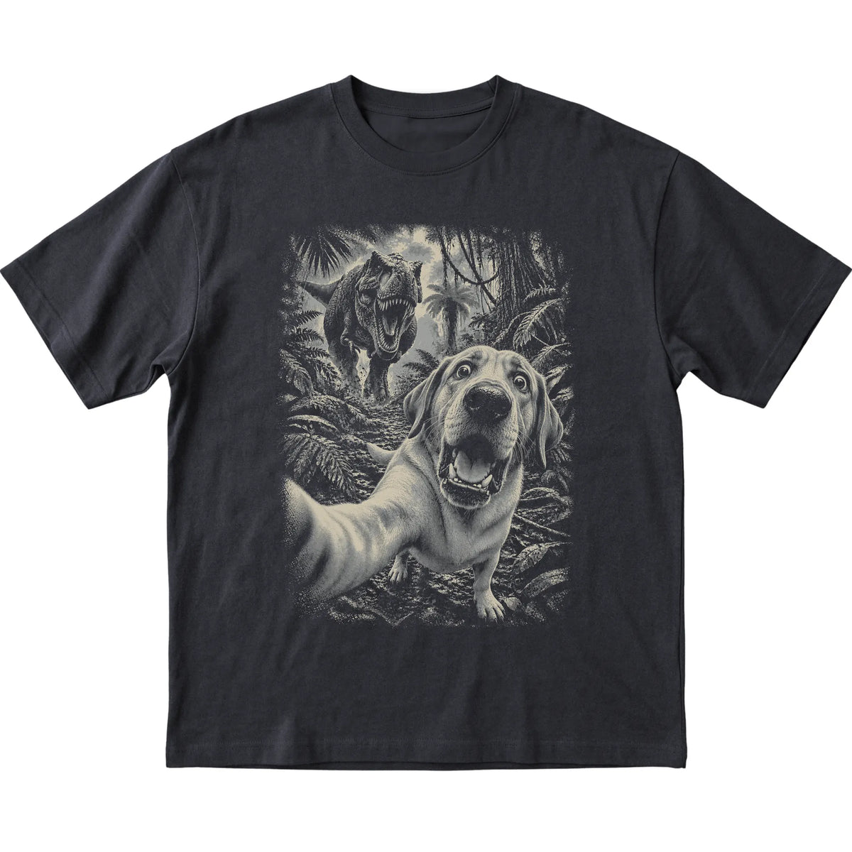 T-Rex Selfie Labrador Retriever Gildan Softstyle T-Shirt in Black, flat lay