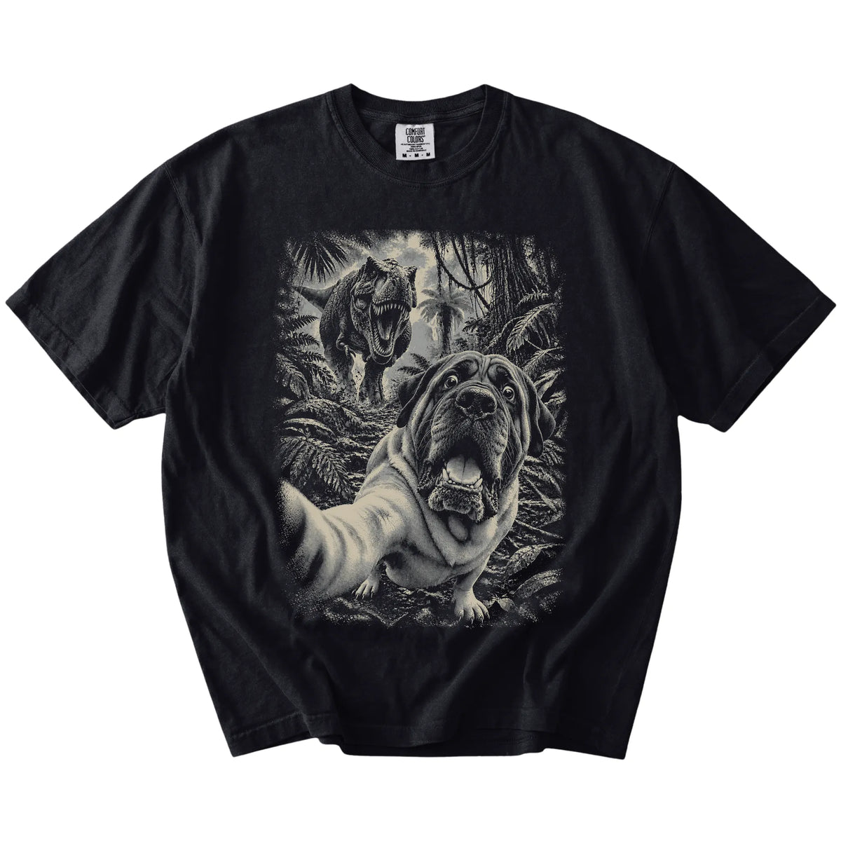 T-Rex Selfie Mastiff Comfort Colors 1717 T-Shirt in Black, flat lay