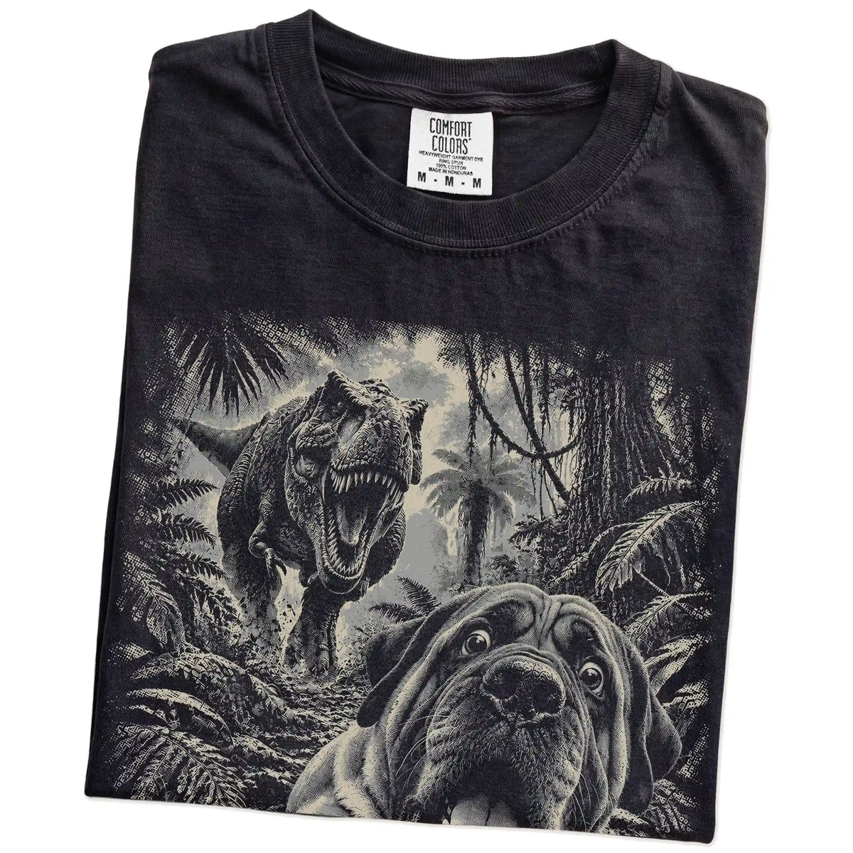 T-Rex Selfie Mastiff Comfort Colors 1717 T-Shirt in Black, folded detail