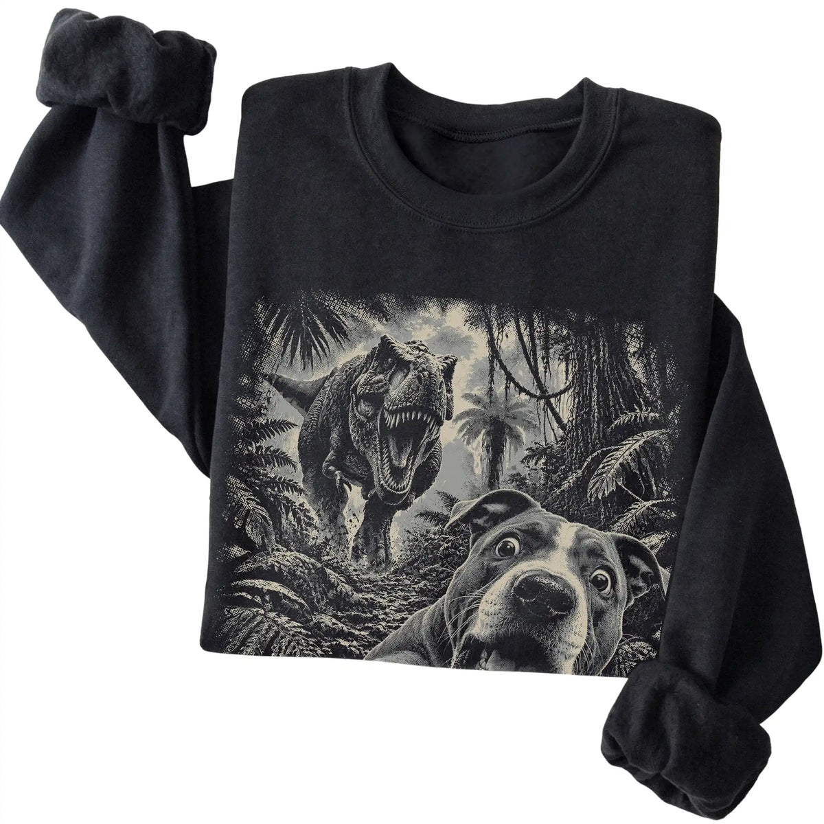 T-Rex Selfie Pitbull Gildan Heavy Blend Crewneck Sweatshirt in Black, folded detail