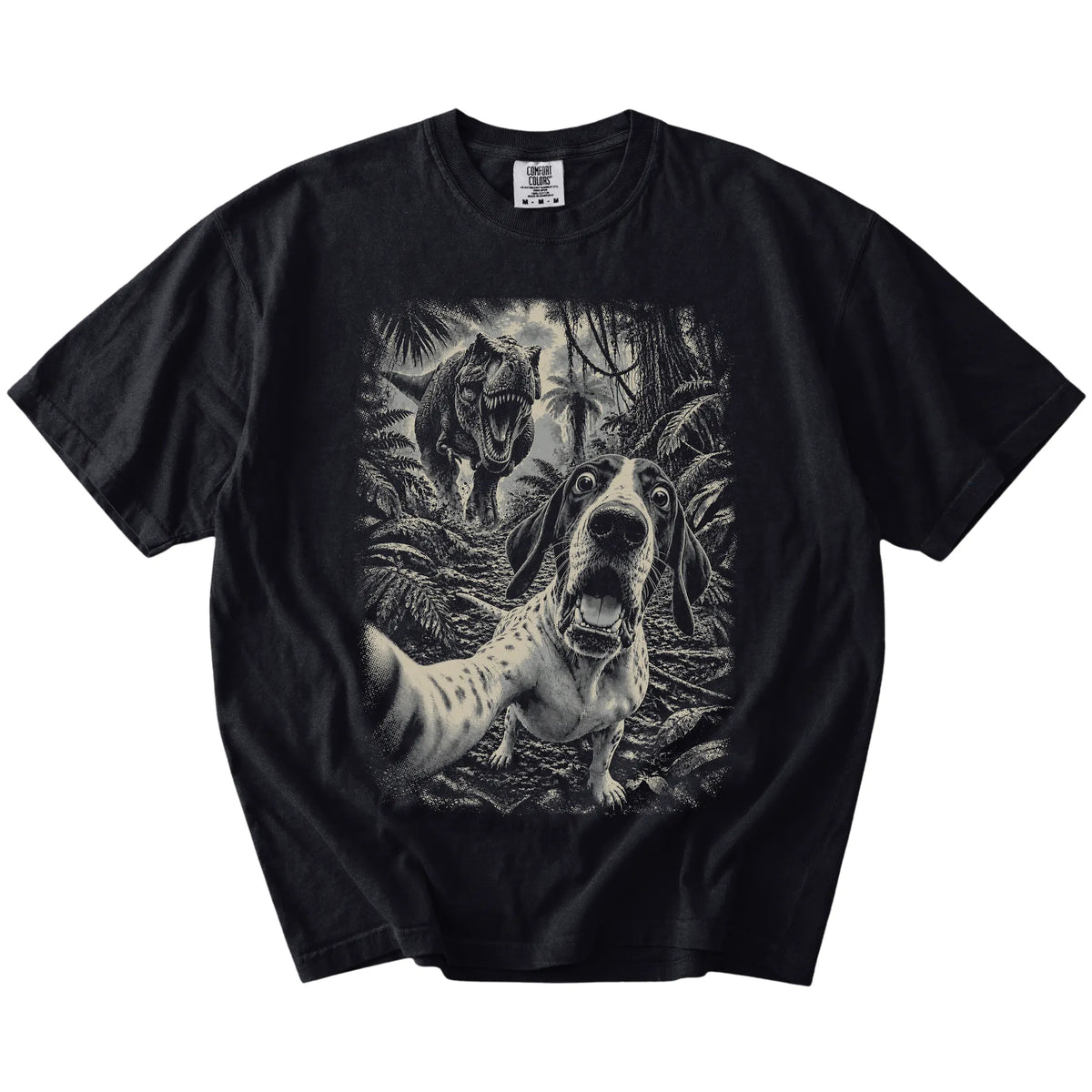 T-Rex Selfie Pointer Comfort Colors 1717 T-Shirt in Black, flat lay