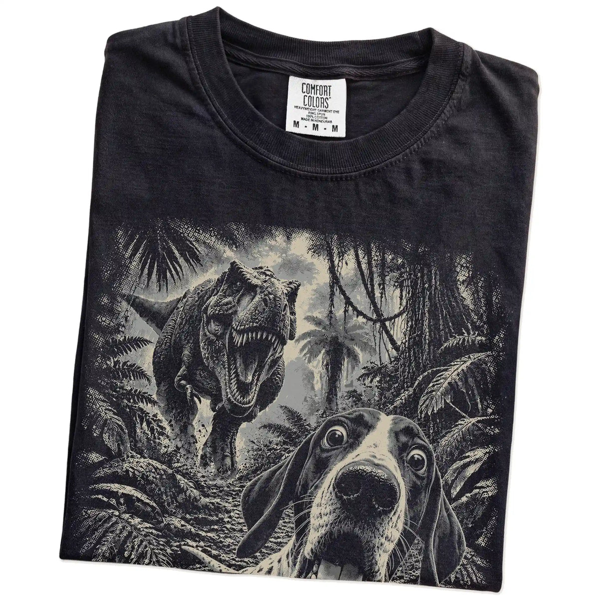 T-Rex Selfie Pointer Comfort Colors 1717 T-Shirt in Black, folded detail