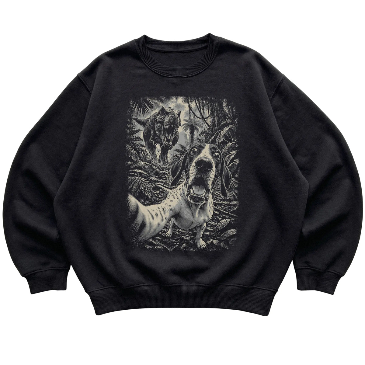 T-Rex Selfie Pointer Gildan Heavy Blend Crewneck Sweatshirt in Black, flat lay