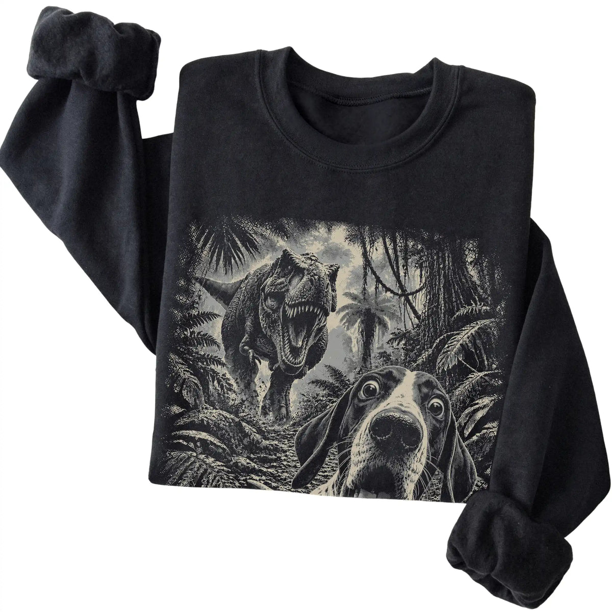 T-Rex Selfie Pointer Gildan Heavy Blend Crewneck Sweatshirt in Black, folded detail