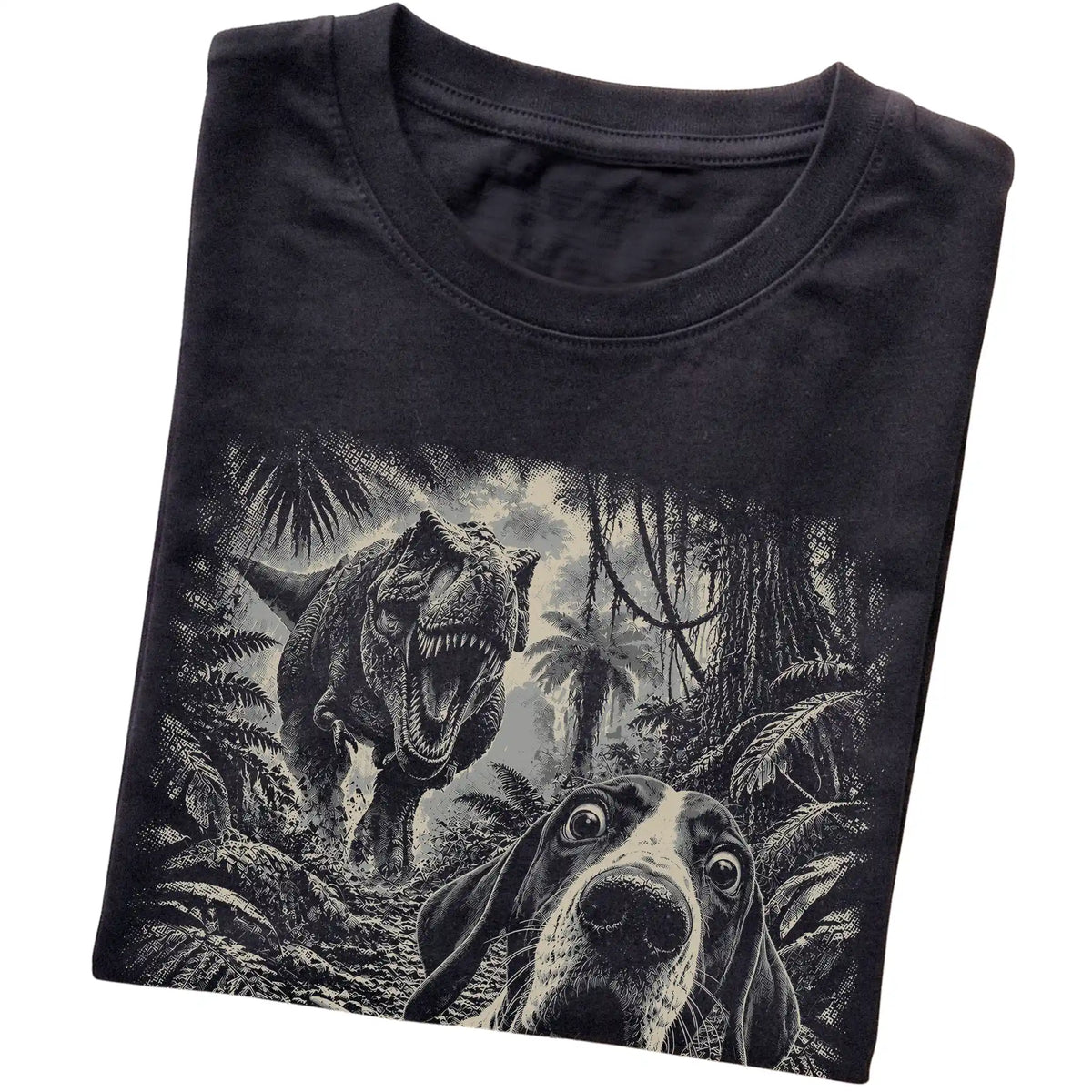 T-Rex Selfie Pointer Gildan Softstyle T-Shirt in Black, folded detail