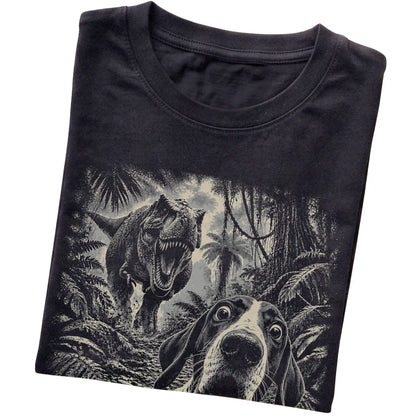 T-Rex Selfie Pointer Gildan Softstyle T-Shirt in Black, folded detail