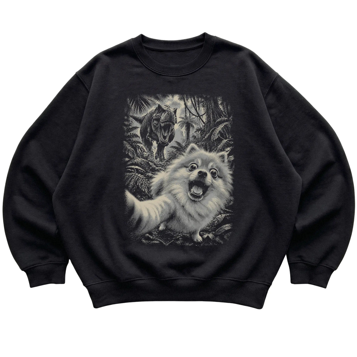 T-Rex Selfie Pomeranian Gildan Heavy Blend Crewneck Sweatshirt in Black, flat lay
