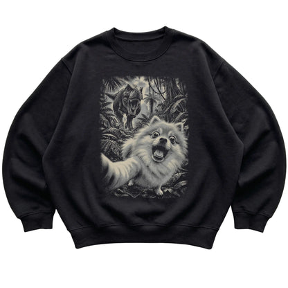 T-Rex Selfie Pomeranian Gildan Heavy Blend Crewneck Sweatshirt in Black, flat lay