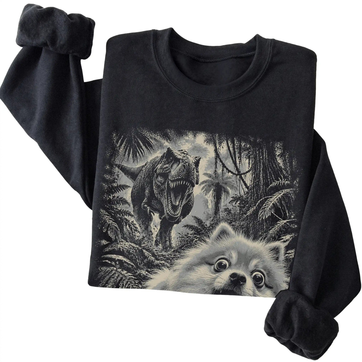 T-Rex Selfie Pomeranian Gildan Heavy Blend Crewneck Sweatshirt in Black, folded detail