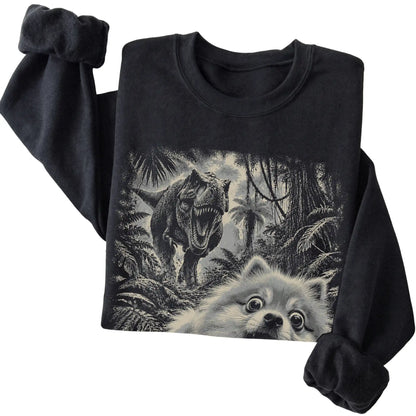 T-Rex Selfie Pomeranian Gildan Heavy Blend Crewneck Sweatshirt in Black, folded detail