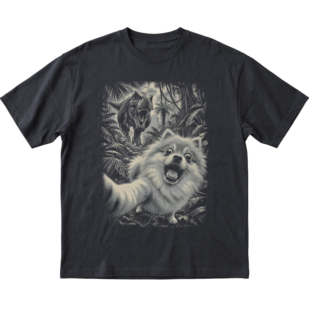 T-Rex Selfie Pomeranian Gildan Softstyle T-Shirt in Black, flat lay