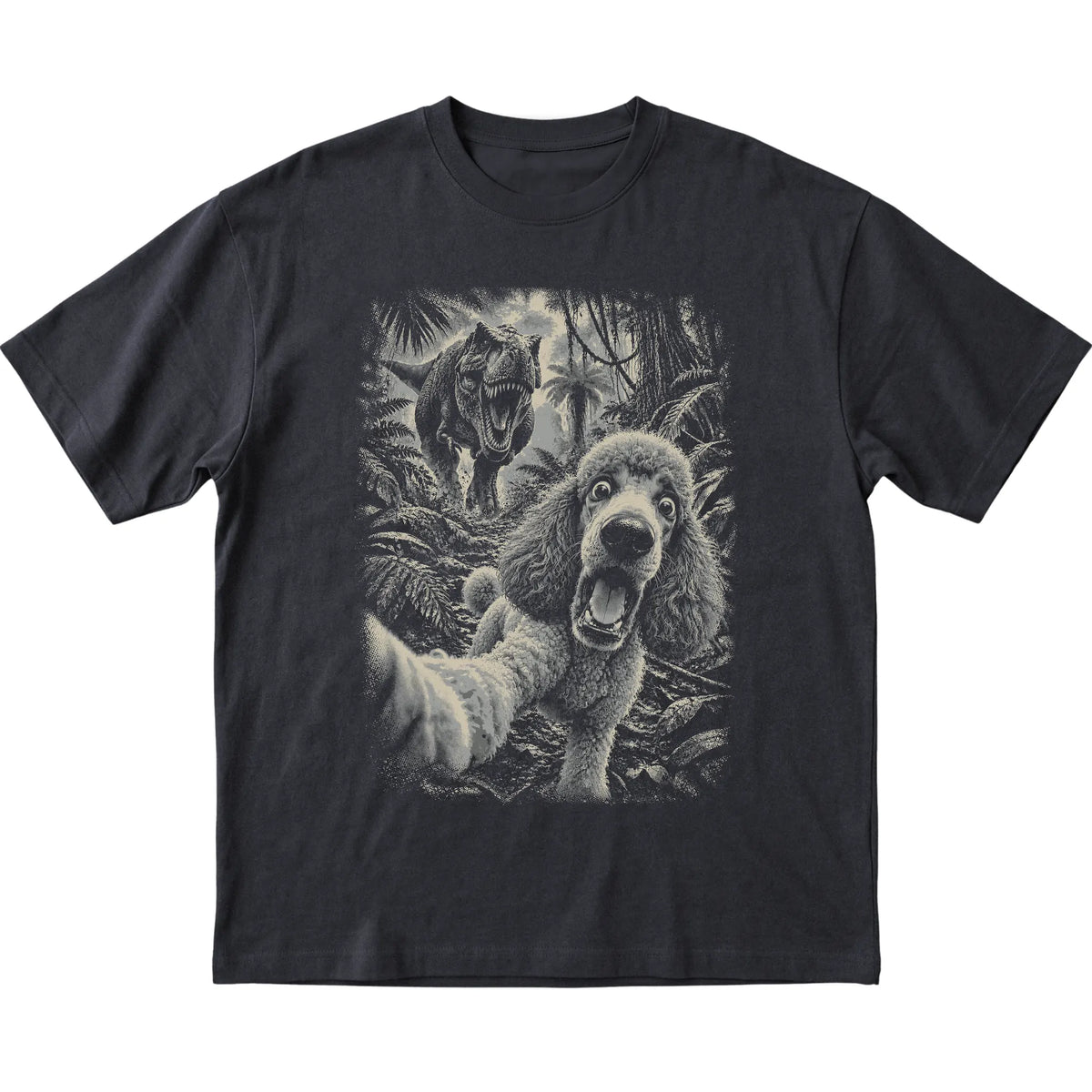 T-Rex Selfie Poodle Gildan Softstyle T-Shirt in Black, flat lay