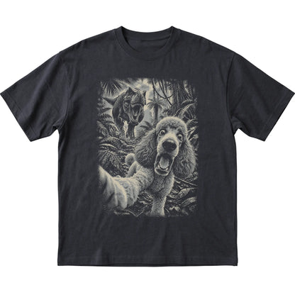 T-Rex Selfie Poodle Gildan Softstyle T-Shirt in Black, flat lay