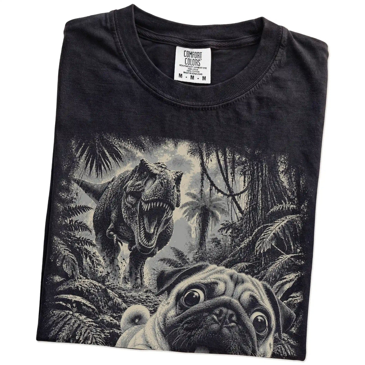 T-Rex Selfie Pug Comfort Colors 1717 T-Shirt in Black, folded detail