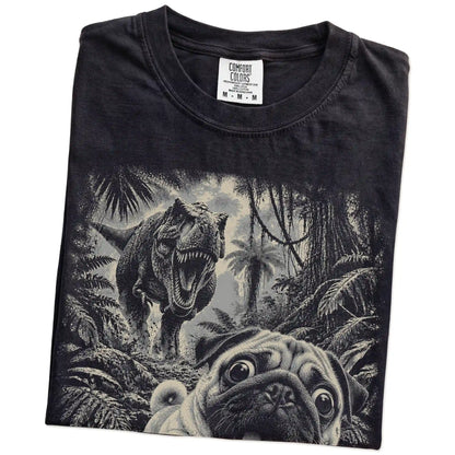 T-Rex Selfie Pug Comfort Colors 1717 T-Shirt in Black, folded detail