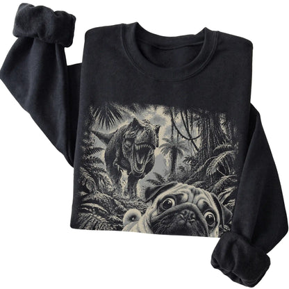T-Rex Selfie Pug Gildan Heavy Blend Crewneck Sweatshirt in Black, folded detail